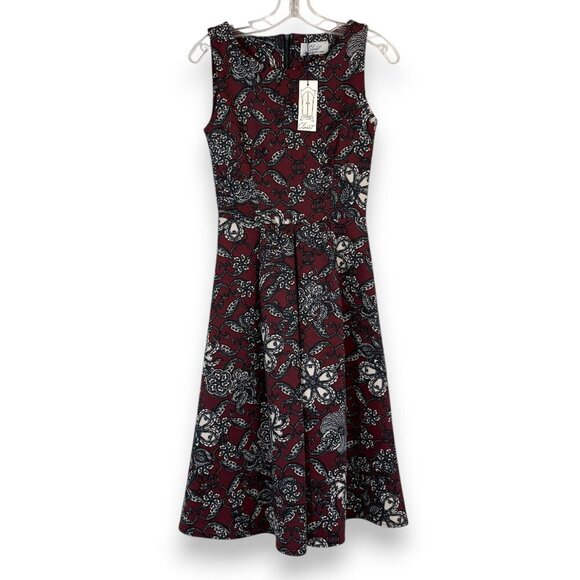 Closet London Fit & Flare Dress Burgundy Black & White Floral Sleeveless Size 4 - Picture 10 of 10